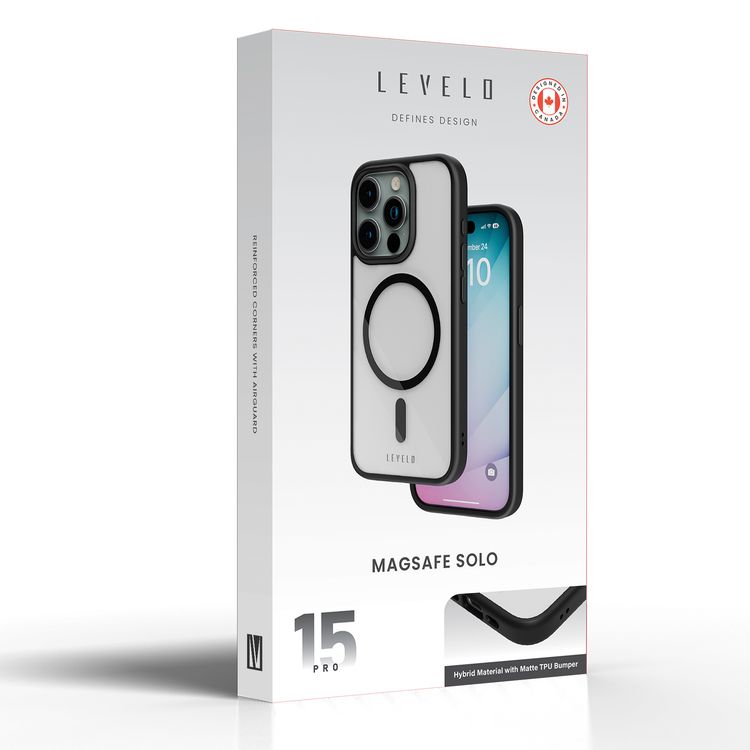 Levelo MagSafe Solo Case for iPhone 15 Pro, Hybrid Material with Matte TPU Bumper, Camera Protection, Reinforced Corners with Airguard, Shock-Proof Edges, Anti-Scratch - Black