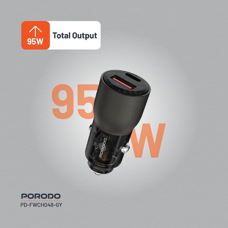  Porodo 95W Transparent Car Charger, Zinc Alloy & PC Material, 30W USB-A & 65W USB-C Outputs, Simultaneous Fast Charging, Universal Compatibility - Gray