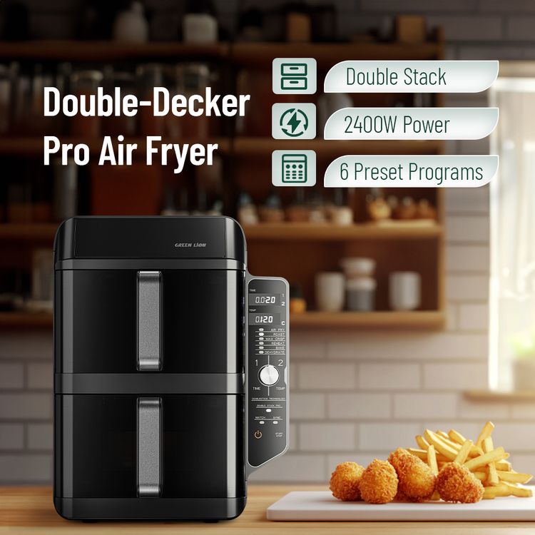 Green Lion Double-Decker Pro Digital Air Fryer with 2× 5.6L Capacity, 6 Preset Programs, 2400W Power, PP + Aluminum + ABS & PC Material, 0-60 Minutes Frying Time, Up to 230°C Temperature, BS Plug 90cm Power Cord, LED Touch Display - Black
