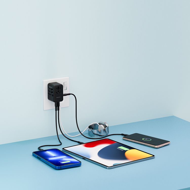 Powerology Universal Multi-Port Travel Adapter with 65W Power Delivery, Dual 10A Fuses, 12W USB-A Output, Laptop Charging Compatibility, Universal Plugs - Gray