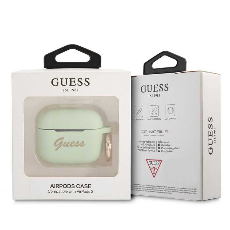 CG MOBILE Guess Silicone Printed Script Case with Anti-Lost Ring Compatible for AirPods 3, Scratch & Drop Resistant, Shock Absorption & Dustproof Protection - Green