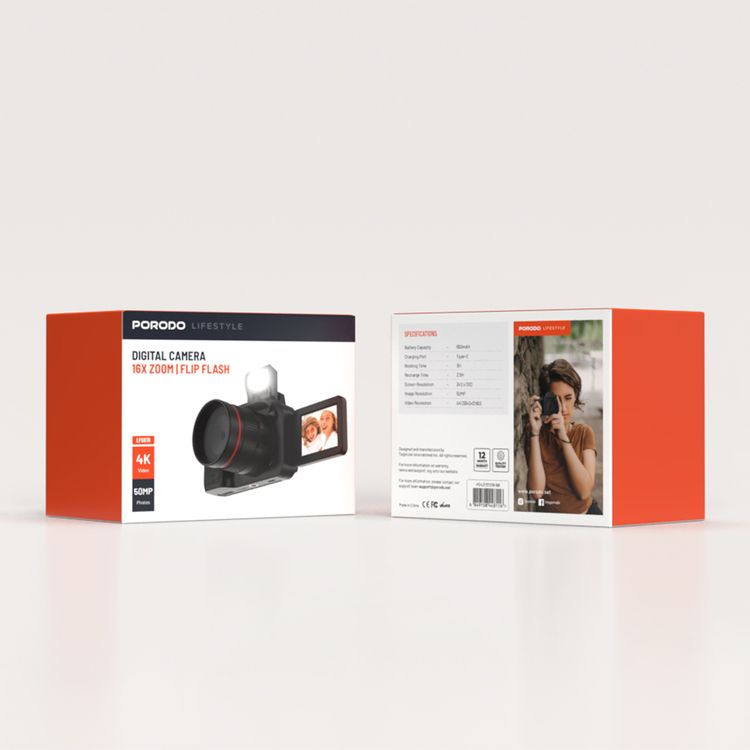 Porodo Lifestyle Mini Digital Camera with 64GB Memory Card, 650mAh Battery Capacity, 180° Flip Screen, 3 Hours Working Time, 2.2" Screen, 16× Zoom, 4K Video, 2.5 Hours Charging Time - Balck 