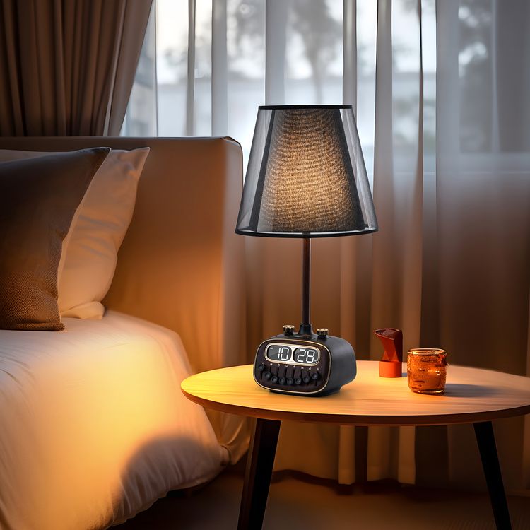 Porodo Retro Desk Lamp White-Noise & BT Speaker, Alarm and Snooze Function, Screen Display, 3 Brightness Levels (Low, Medium, High), Charging Ability, 8 Nature Sounds, USB-A Charging Port - Black 