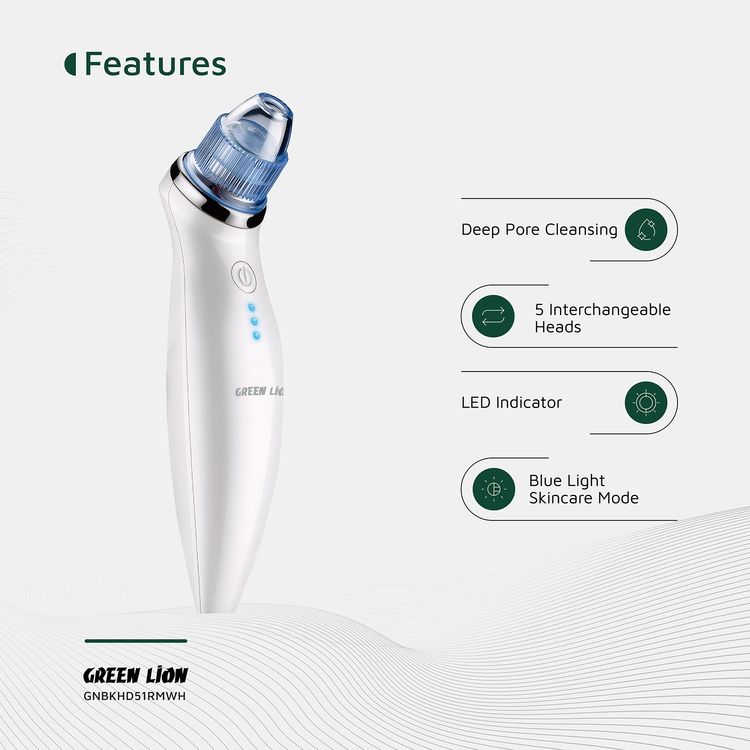 Green Lion BlackHead Remover with 5-in-1 Skin Care Solution, 2.2W Power, 3 Suction Levels, 5 Interchangeable Heads, 1.5 Hours Usage Time, Oil & Acne Control, Massage Function, LED Indicator, Deep Pore Cleansing - White