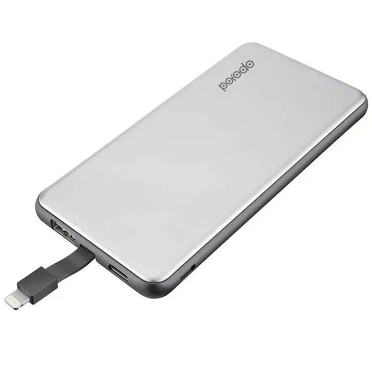 Porodo 10000mAh Super Slim Power Bank with Built-in Lightning Cable, LED Indicators, Li-Polymer Battery, Overcharge & Overheat Protection, 15W Type-C Output, LED Power Indicators - Silver