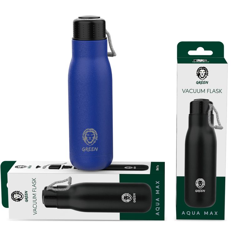 Green Lion Vacuum Flask Stainless Steel Water Bottle 500ml / 17oz with Strap, Aqua Max Double Vacuum Wall, Smudge Resistant, Scratch Defense & Condensation Proof - Blue