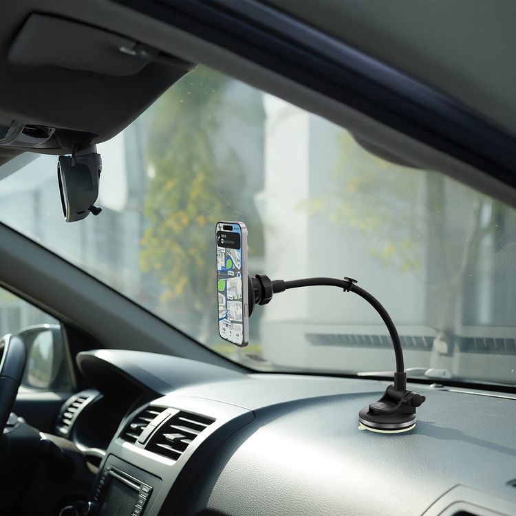 Porodo Vindex Magnetic Car Mount with Extended Flexible Pole, One-Hand Operation, Adjustable Viewing Angle, 360° Rotating Base , One-Click Secure Lock, N52 Magnet Type - Black