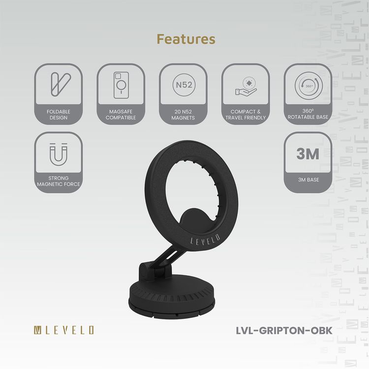 حامل هاتف سيارة Levelo Gripton MagSafe بقوة مغناطيسية قوية، قاعدة دوارة 360 درجة، صغير الحجم وسهل الحمل، متوافق مع MagSafe، تصميم قابل للطي - أسود