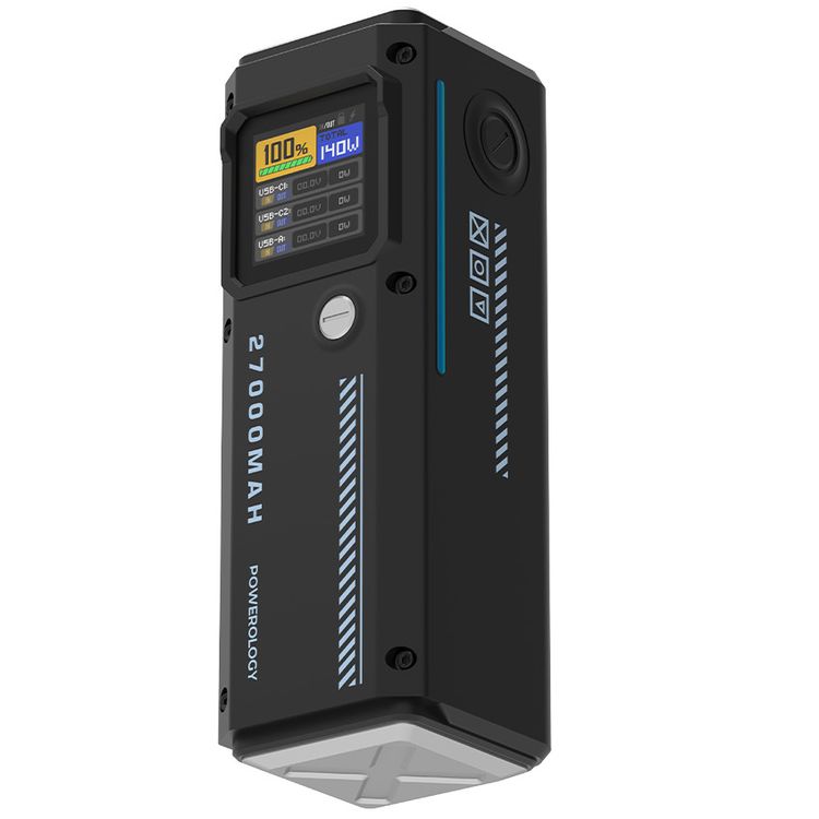 Powerology 27000mAh Smart Display Power Bank with 140W Power Delivery, USB-A & Dual USB-C Ports, 30cm 60W USB-C to USB-C Cable, Simultaneous Charging, Laptop Charging, Built-in Safeguards - Black