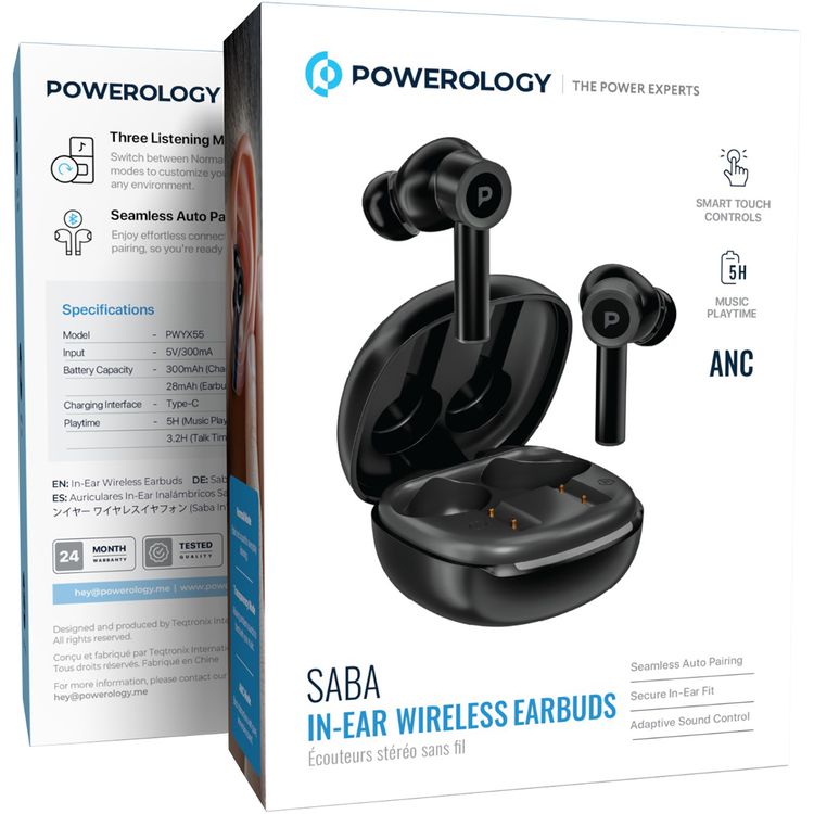 Powerology Saba In-Ear Earbuds with Active Noise Cancellation, Up to 5 Hours Battery Life, Bluetooth Version 6.0, Up to 10m Bluetooth Range,  Type-C Charging Port, Secure In-Ear Fit, Seamless Auto Pairing - Black