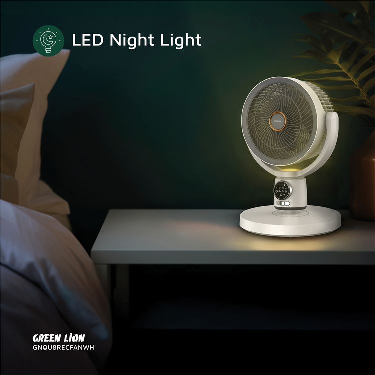 Green Lion Quad Flex Fan with Precision 4-Height Lock, Digital Display, Removable Windshield, Lightweight Design, Natural Wind Mode, Remote Control, LED Night Light, 4-8 Hours Working Time - White 