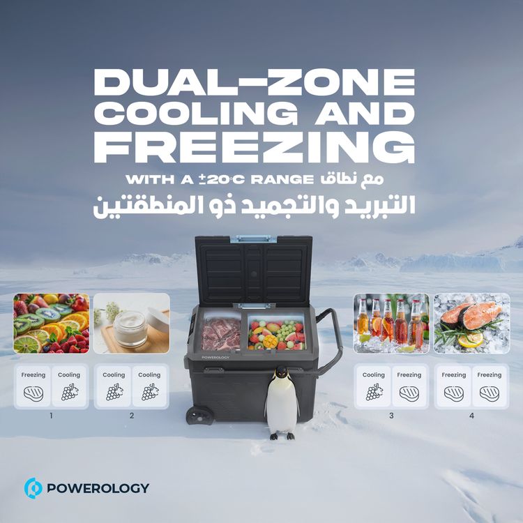 ثلاجة باورولوجي المحمولة مع حجرتين وعربة، سعة 60 لتر، 57 واط، سعة بطارية 20800 مللي أمبير - رمادي
