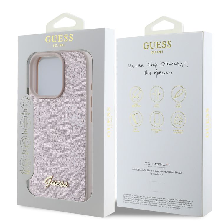 جراب Guess Peony الصلب لهاتف iPhone 16 Pro بتصميم نحيف وخفيف الوزن، ومواد متينة للغاية، وقبضة مريحة، وحماية من السقوط - وردي