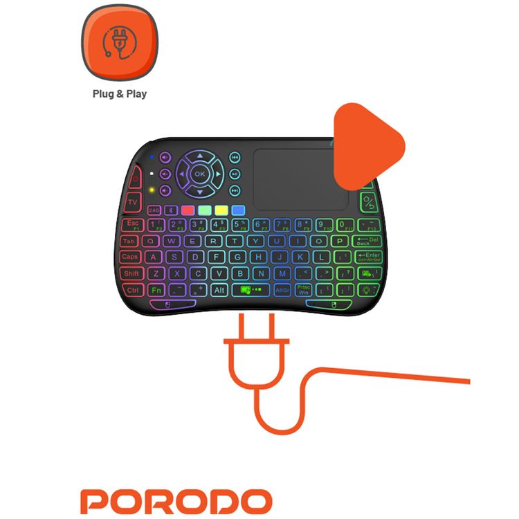 Porodo Gaming Remote Keyboard & Mouse with Programmable Buttons, Gesture Recognition, 10m Operational Range, 84 Keys, 5.2 Bluetooth, 300mAh Battery - Black