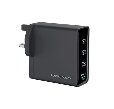 Powerology Volt-X 140W Multi-Port GaN Adapter with Ultra-Fast Charging, Heat Resistant Housing, Multi-Device Charging, GaN Efficiency, ×3 USB-C Ports, ×1 USB-A Port, QC 18W, UK 3-Pin Plug - Black