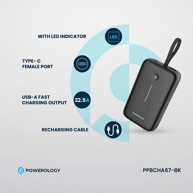 Powerology 20000mAh Power Bank with Detachable USB-C Wire, 30W Power Delivery, 3-Device Charging, Long Time Standby, Universal Phone Compatibility, Built-in Safeguards - Black