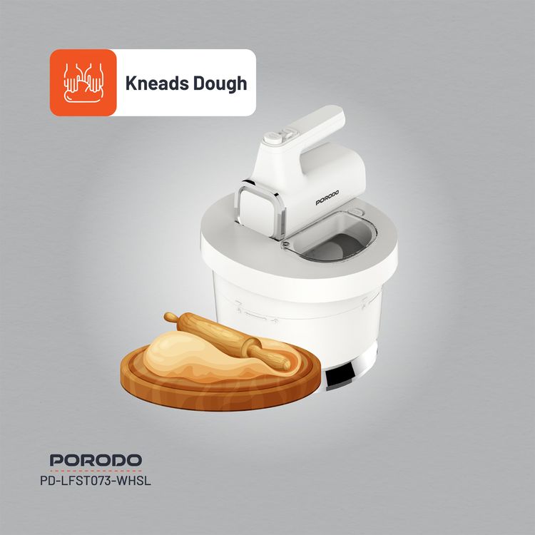 Porodo Lifestyle Spill-Proof Dual Mode Mixer, 6 Speed Settings, Easy Maintenance, Feeding Window Access, Folds Batter & Kneads Dough - White / Silver