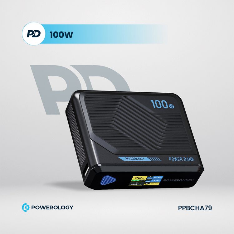 Powerology Ultra Mini 20000mAh Power Bank with Simultaneous Charging, Power Info Display, 100W Power Delivery, 15W Wireless Charging - Black