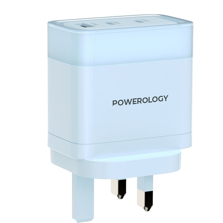 Powerology Lunex Series 3-Port Fast Charging Adapter with UK 3-Pin Power Plug, 65W PD USB-C Output, 22.5W QC USB-A Output, Multi-Device Charging, Powerful Laptop Charging, Universal Protocol Support - Blue