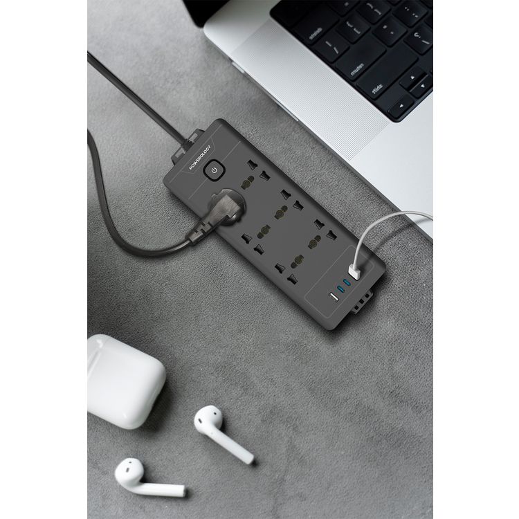 Powerology Power Strip with Power Switch, 20W PD, 3m, UK Plug, 5V/3A Simultaneous Use, 2 USB-C Ports, 2 USB-A Ports, 6 AC Sockets - Black