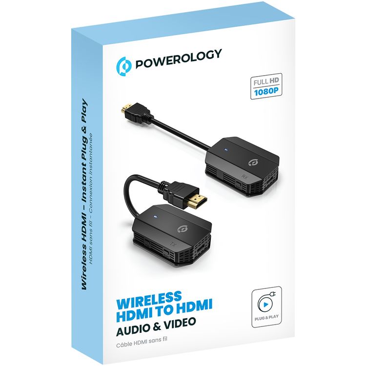 Powerology Wireless HDMI to HDMI Adapter for Audio & Video with 30m Transmission Range, ABS Material, 1080P Resolution, Low Latency, Plug and Play - Black