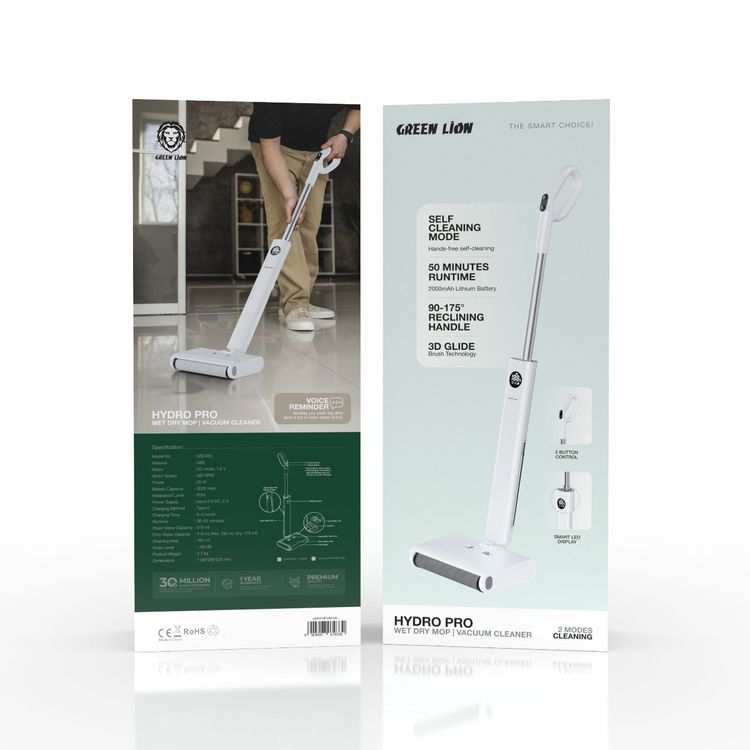 مكنسة وممسحة جرين لايون هايدرو برو الرطبة والجافة، منطقة تنظيف 160 متر مربع، وقت تشغيل يصل إلى 50 دقيقة، سعة خزان المياه النظيفة 510 مل و سعة خزان المياه القذرة 410 مل، مقبض إعادة التنظيف بزاوية 90-175 درجة، تذكير صوتي، شاشة LED ذكية - أبيض