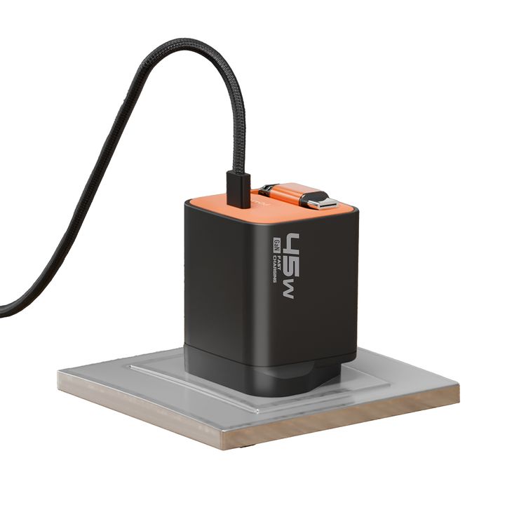 Porodo Tezpatro 45W GaN Charger with USB-C Retractable Cable, 1A Rated Current, 45W Power Delivery, 80cm Cable Length, Flame-Retardant Housing, Fast Charge Support - Black / Orange