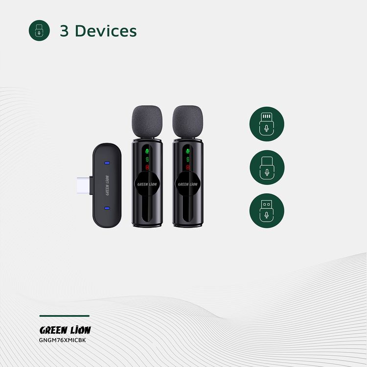 ميكروفون جرين ليون GM-76X مع إلغاء ضوضاء بثلاثة مستويات، وقت عمل يصل إلى 5 ساعات، تأخير أقل من 30 مللي ثانية، ميكروفون مزدوج، موصلات USB-A، Type-C وLightning - أسود