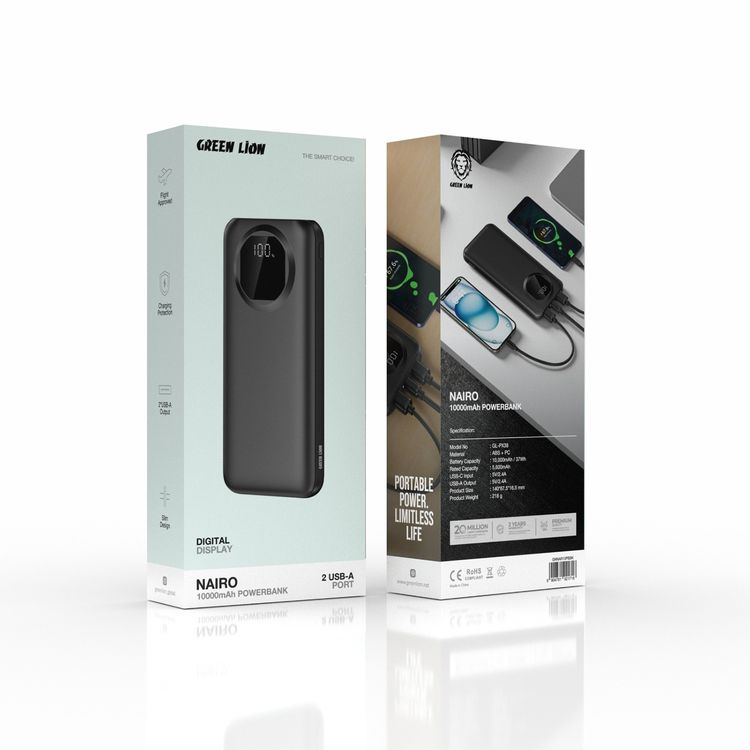 باور بانك جرين ليون نيرو 10000mAh مع منفذ USB-C ومنفذين USB-A، مصنوع من مواد ABS وPC، معتمد للاستخدام على الطائرة، تصميم نحيف ومحمول، سعة 5600mAh مصنفة، حماية أثناء الشحن، عرض رقمي - لون أسود.
