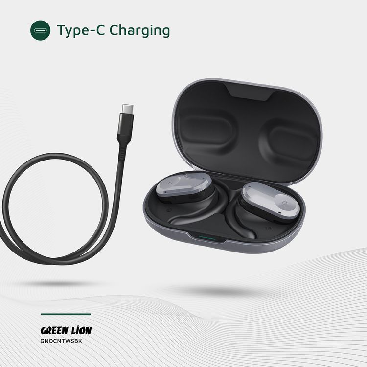 Green Lion Ocean Open-Ear Earbuds with Open-Ear Design, Up to 6 Hours Playtime, 135° Free Rotation, Game Mode, Low Latency, 180 Hours Standby Time, IPX4 Waterproof - Black