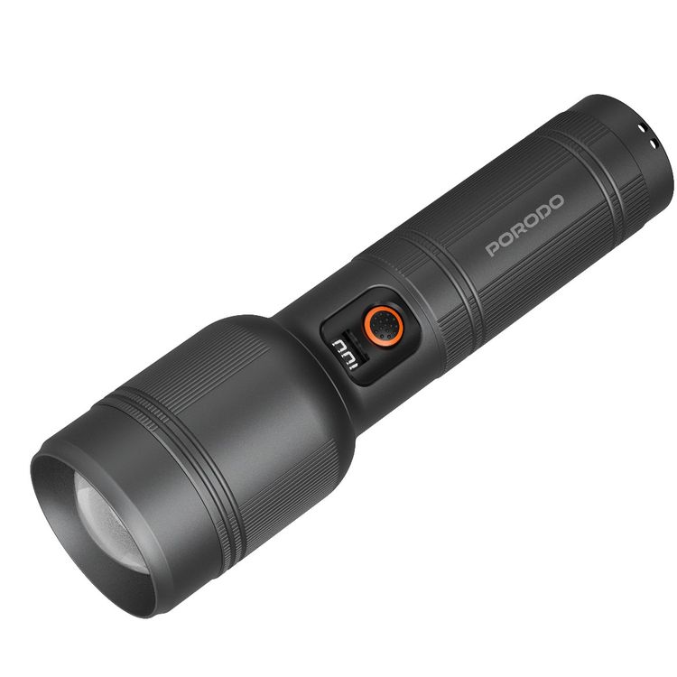 Porodo Lumalite 2600 Lumens Rechargeable Flashlight with Ultra-Bright Beam, 5000mAh Battery, 30W Rated Power, Up to 700m Coverage Area, USB-C Charging Port, 3.8 Hours Working Time, Manual Zoom Control, Multi-Mode Operation - Gray