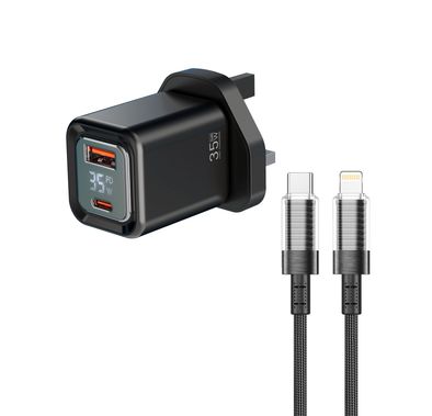 Porodo Dual-Port Quick Wall Charger with Type-C to Lightning Cable Included, 35W Power Delivery, Built-in Safeguards, Digital Display, 0.8A Maximum Rated Current, GaN Technology - Black