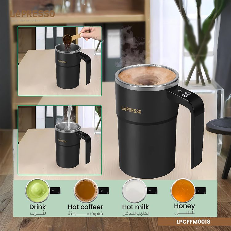 LePresso Auto Magnetic Stirring Cup with Touch Control, Stainless Steel, Patented Design, Temperature Display, Detachable Magnetic Rod - Black