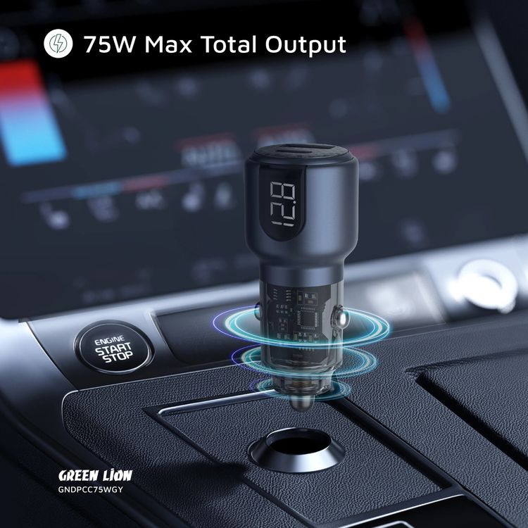 Green Lion Dual Port Car Charger with Digital Display, 75W Total Output, USB-C & USB-A Ports, Charging Protection, Heat Dissipation - Gray