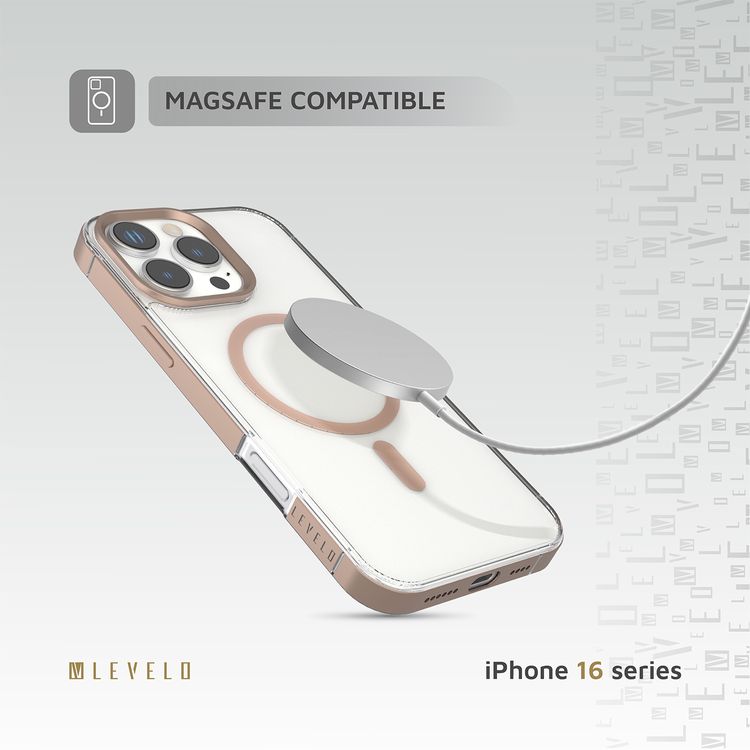 Levelo Claire Magsafe Case with Aluminum Bumper Case for iPhone 16 Pro Max, Hybrid Case, MagSafe Compatibility - Rose Gold Titanium