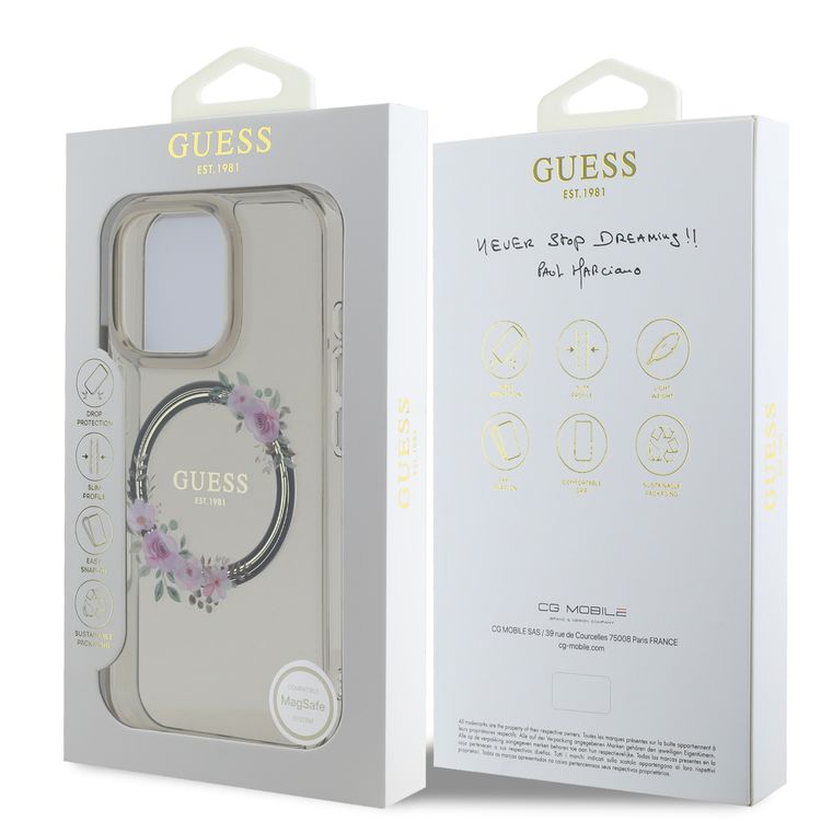 Guess Magsafe IML Hard Case with Flower Wreath Design for iPhone 16 Pro Max, Lightweight, Comfortable and Secure Grip, High Quality Material - Black