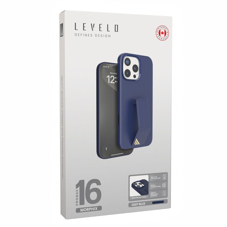 Levelo Morphix Silicone Case with Leather Grip for iPhone 16 Pro, Metal Camera Ring, Multi-Functional Kickstand, Impact-Resistant Corners, Super Durable Materials - Deep Blue