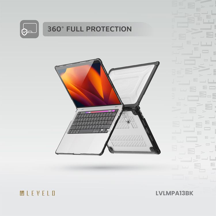 Levelo Espectro Case for MacBook Air 13.3" (2018-2020), 360° Full Protection, Foldable Stand Design, Built-in Air Vents, Shock-Proof Edges, Easy Installation & Removal - Black