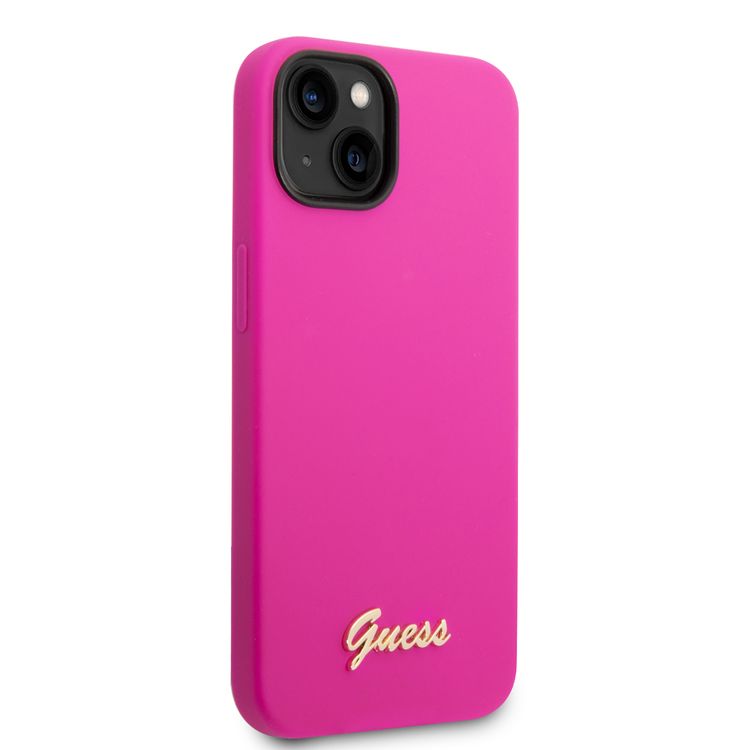 Guess Liquid Silicone Case With PC Camera Outline & Script Metal Logo - iPhone 14 Plus - Fuchsia