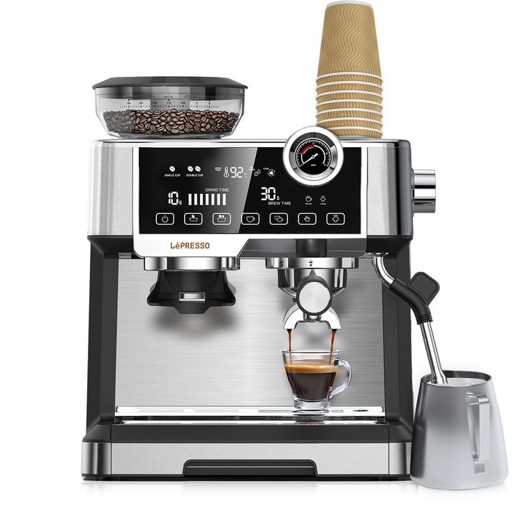 LePresso Advanced Espresso Machine Interactive Touch Display, 19 Bar ULKA Pump, 1350W, 2.5L Water Tank Capacity, Boiler Gauge, Conical Burr Grinder, Adjustable Grind Settings - Silver