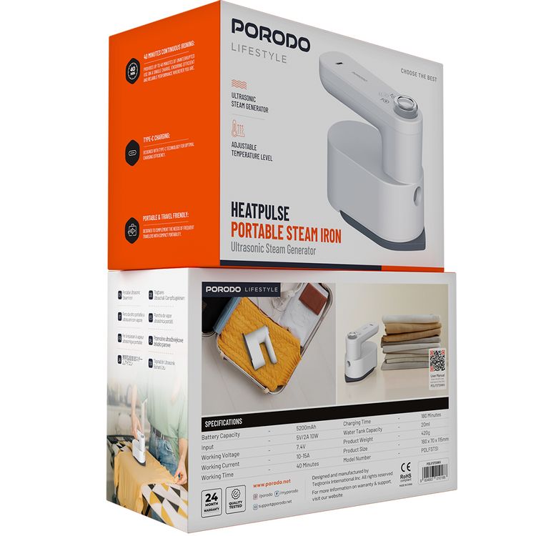 Porodo Lifestyle Heatpulse Portable Steam Iron with Ultrasonic Steam Generator, Type-C Charging Port, Adjustable Temperature Level, 40 Minutes Continuous Ironing, 5200mAh Battery Capacity - White