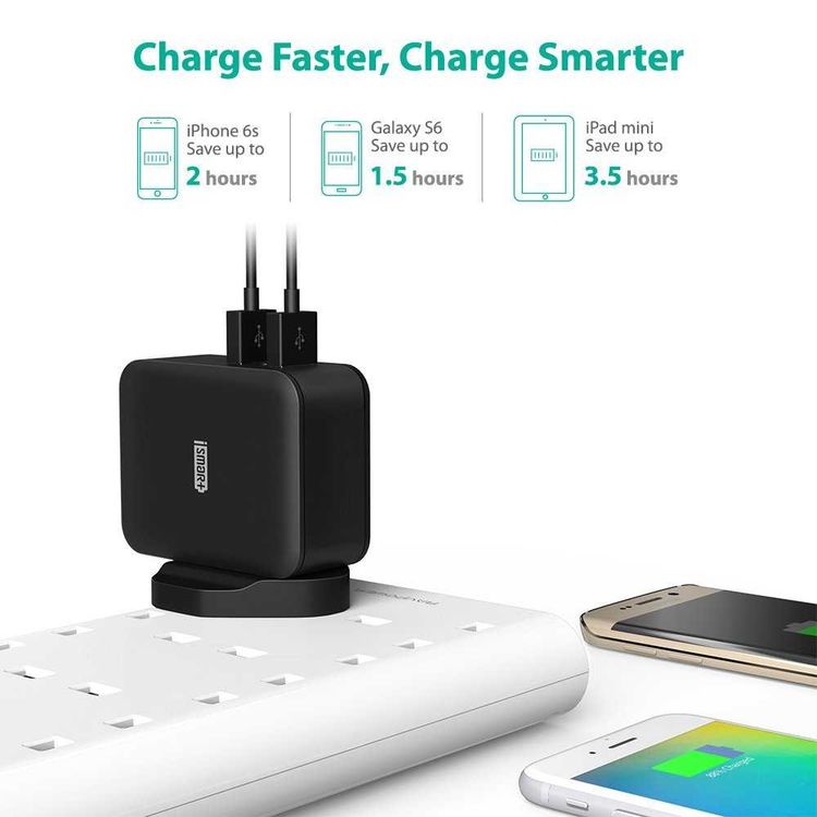 RAVPower 24W 4.8A Dual USB Wall Charger UK with iSmart Technology & LED Indicator - Portable Power Adapter w/ High-temperature & Over-charging Protection - Compact Design - Black