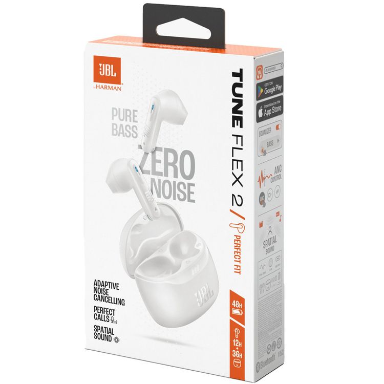 JBL Tune Flex 2 Earbuds with JBL Pure Bass sound, JBL Headphones App, 48 Hours Battery Life, 2 Hours Charging Time - White