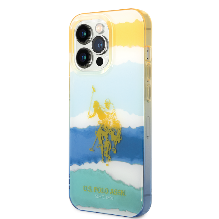 USPA PC/TPU Case with Blurred Stripes & Horse Logo iPhone 14 Pro Compatibility - Yellow