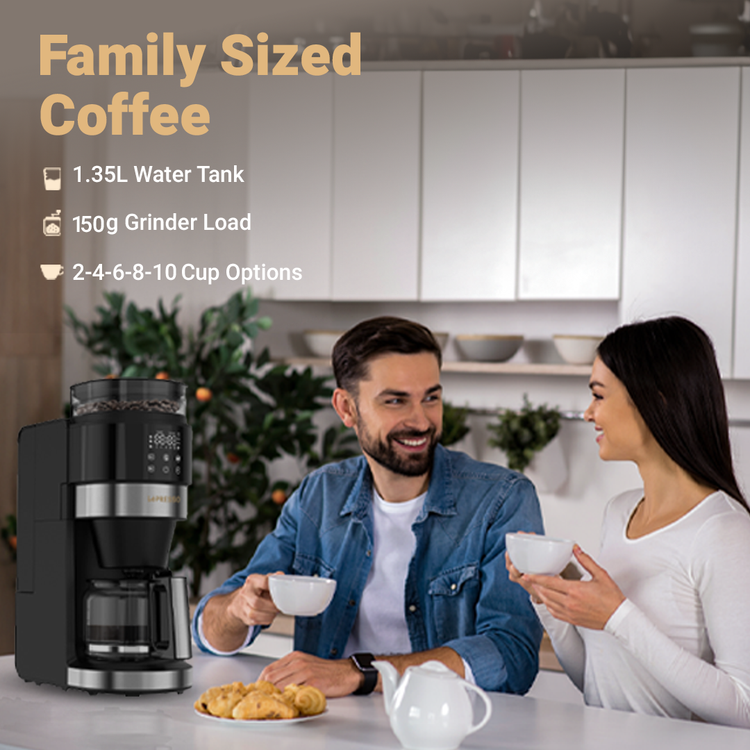 آلة تحضير القهوة LePresso مع طاحن الحبوب وسعة خزان ماء 1.35 لتر، قوة تخمير قابلة للتخصيص، طاقة مقيمة 900 واط، وظيفة الحفاظ على السخونة، لوحة تحكم رقمية - أسود