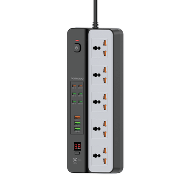 Porodo 3000W Universal Power Strip with 5×AC Sockets, 6×Type-C Ports, 3×USB-A Ports with QC 20W, 35W Power Delivery, 24-Hour Timer, Built-in Surge Protection, Fireproof PC Material, UK 3-Pin Plug with 3m Cord Length, Multi-Device Charging - Black