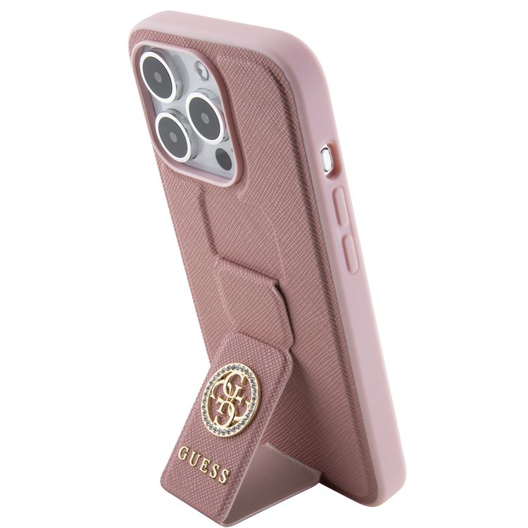 Guess Gripstand Saffiano Case with 4G Strass Metal Logo - Pink - iPhone 15 Pro