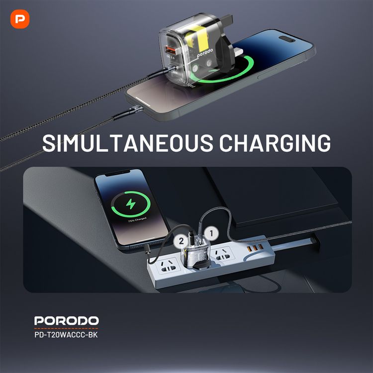 Porodo Dual Output Transparent Quick Charger with USB-C to USB-C Cable, 20W Power Delivery, Simultaneous Charging, 18W USB-A Output, 0%-60% Charge in 35 Minutes, Overheat Protection - Black