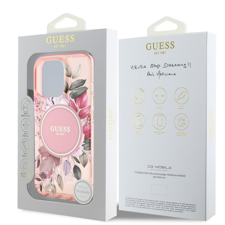 Guess Magsafe IML Transparent Hard Case with Flower Design & Tonal Circle Logo for iPhone 16 Pro, Lightweight, High Quality Material - Pink
