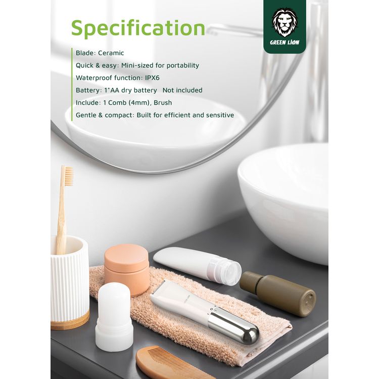 Green Lion Mini Body Trimmer with Ceramic Blade Material, AA Dry Battery, IPX6 Waterproof, Ultra-Quiet - White